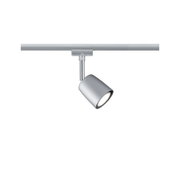 Moderner silberner LED-Strahler aus Metall an Schienensystem für flexible Raumbeleuchtung