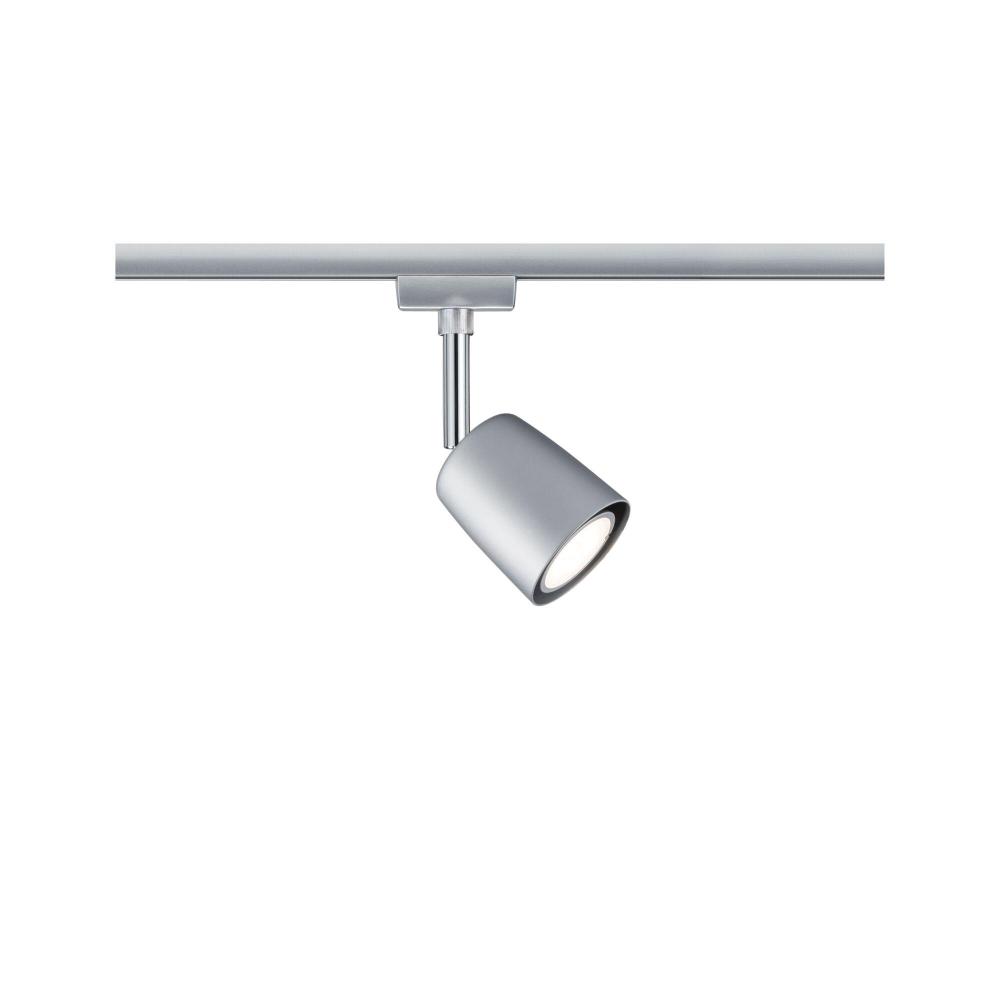 Moderner silberner LED-Strahler aus Metall an Schienensystem für flexible Raumbeleuchtung