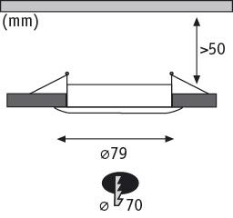 Technische Zeichnung eines Einbaustrahler mit 79 mm Durchmesser und über 50 mm Einbautiefe.