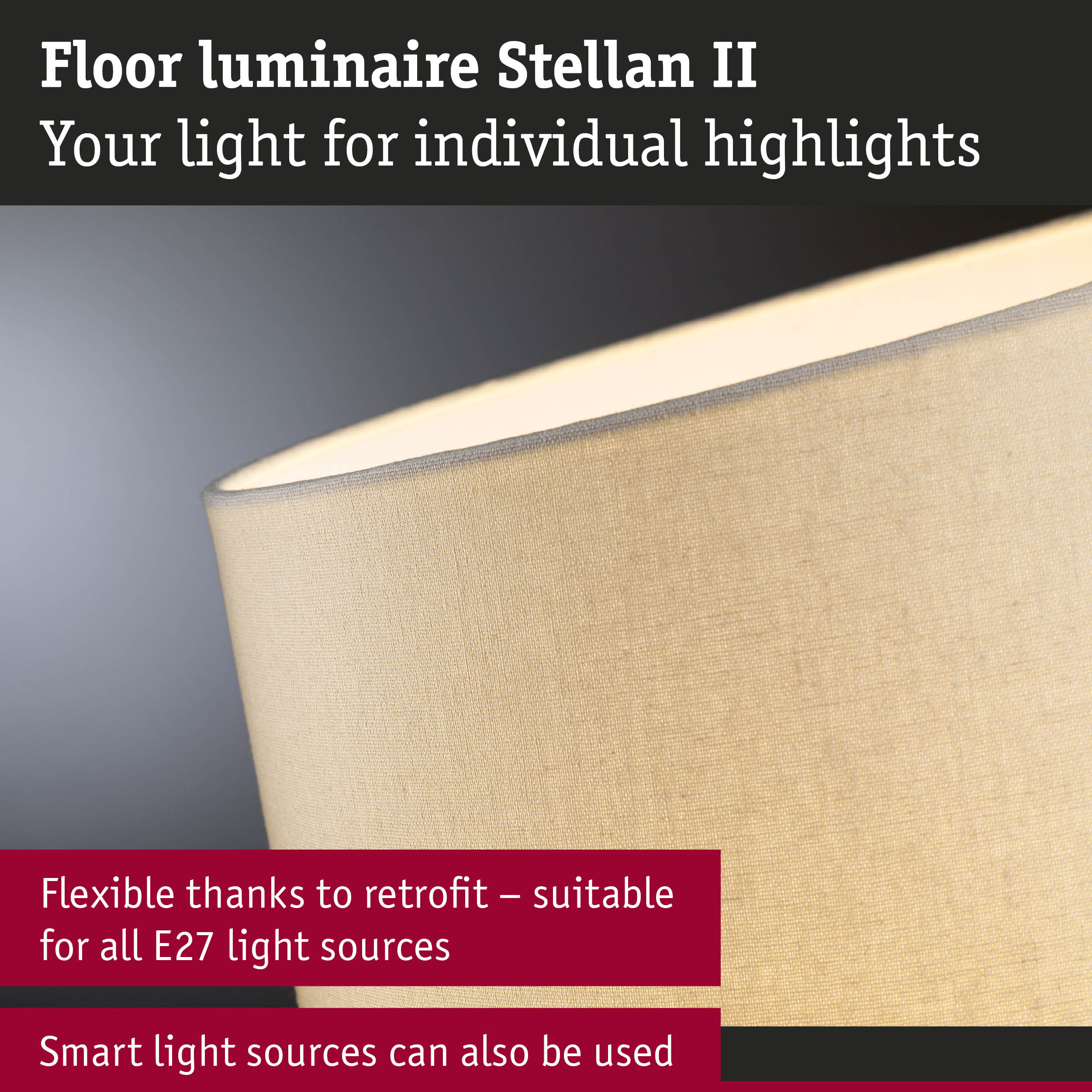 Beige fabric floor lamp Stellan II with warm white light, compatible with all E27 bulbs