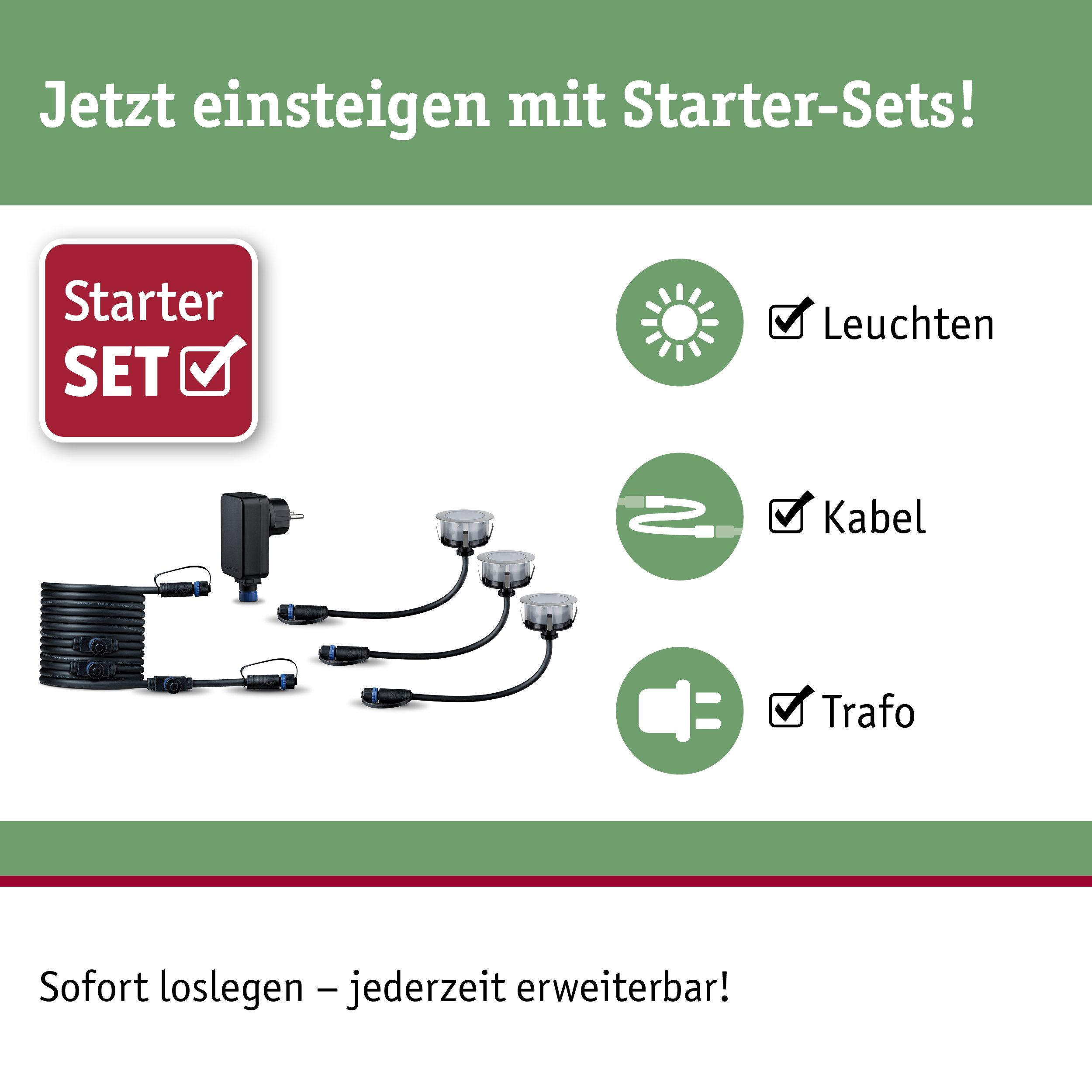 Starter-Set mit LED-Leuchten, Kabel und Trafo für einfache Gartenbeleuchtung sofort erweiterbar