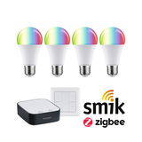 Four smart RGB LED bulbs with white base, control unit and wall remote for Zigbee lighting systems