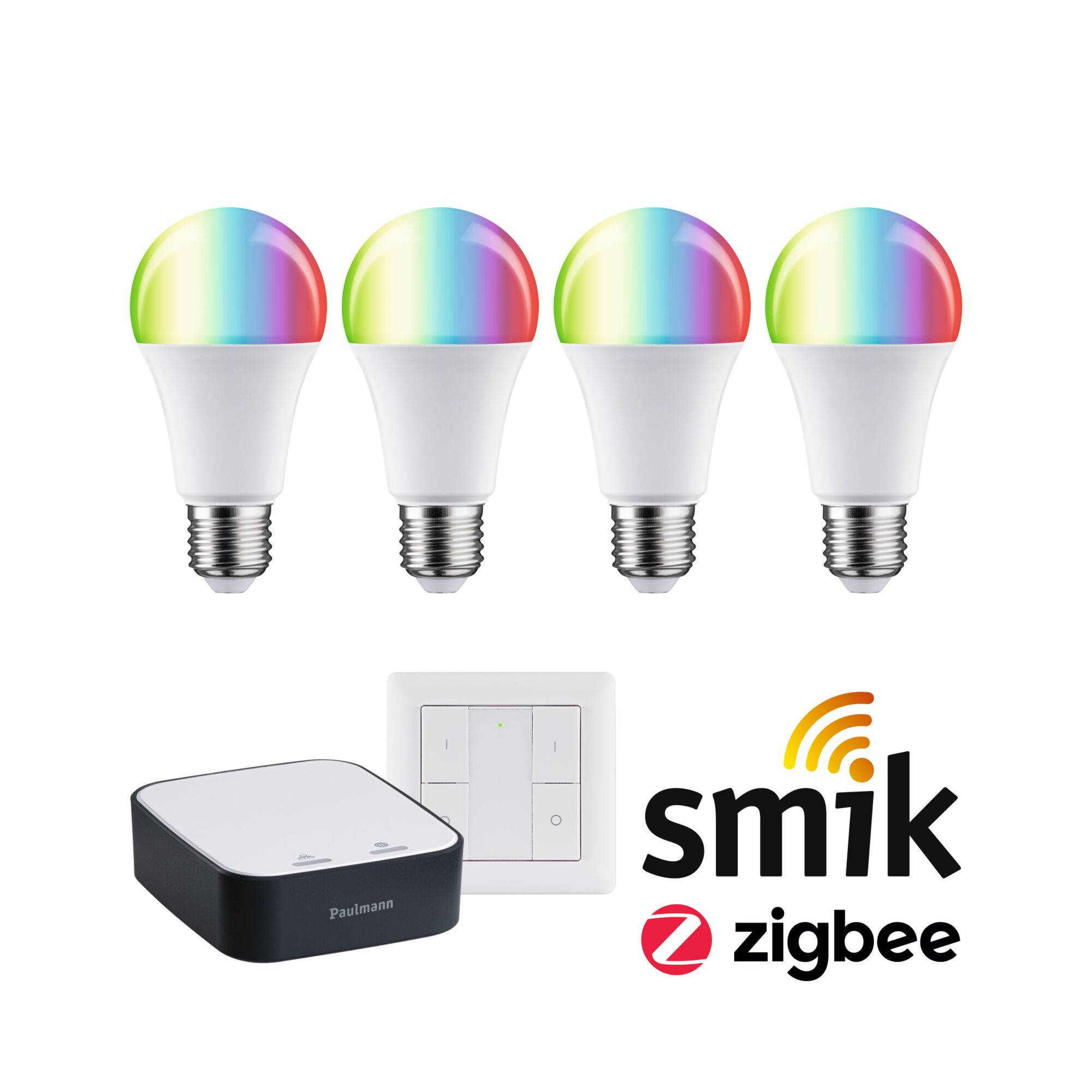 Startsets met prijsvoordeel Zigbee 3.0 LED-gloeilamp E27 RGBW + Gateway smik + Schakelaar Vier slimme RGB LED-lampen met witte voet, bedieningsunit en wandafstandsbediening voor Zigbee-verlichtingssystemen