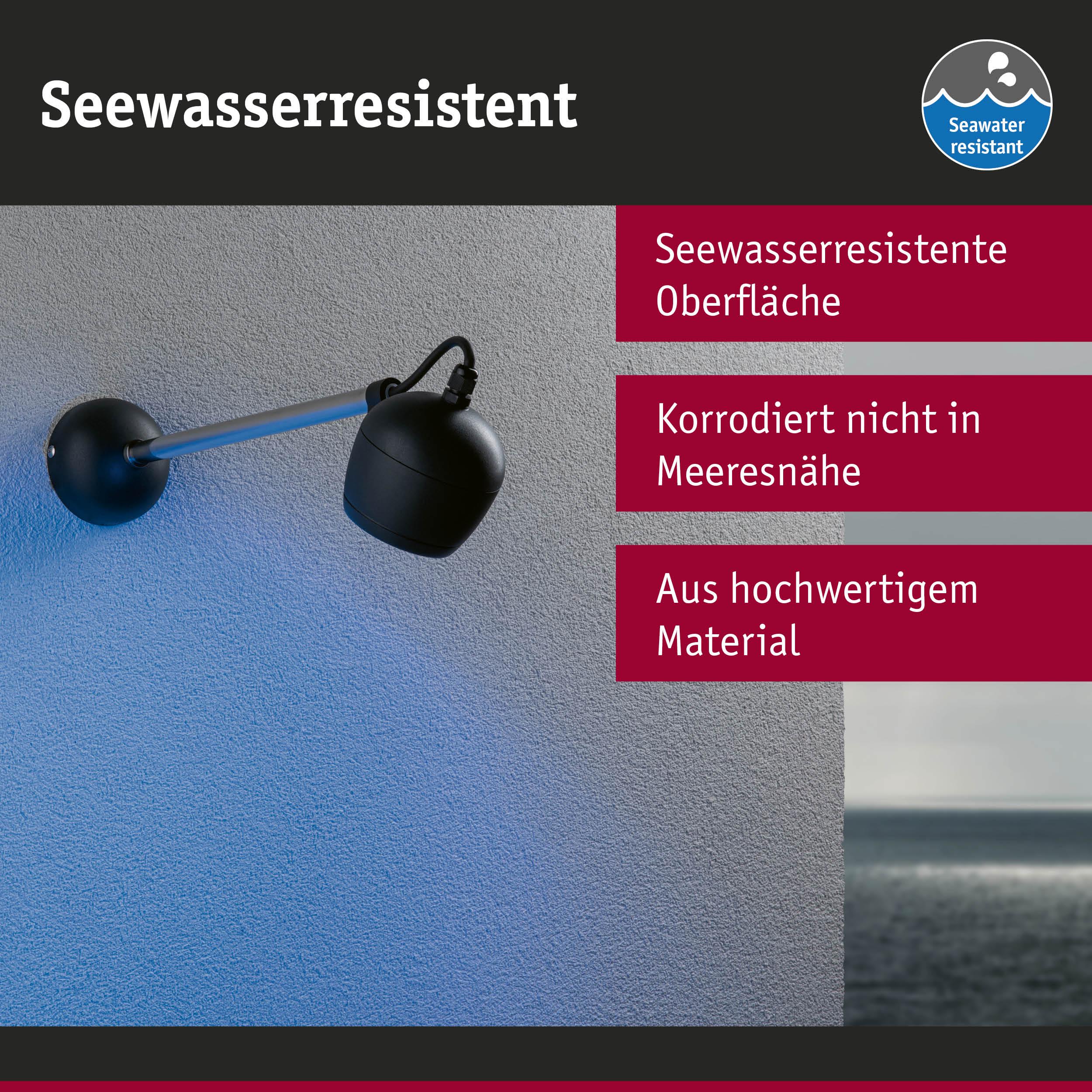 Schwarze Außenwandleuchte mit seewasserresistenter Oberfläche, korrosionsfrei für Küstenbereiche.