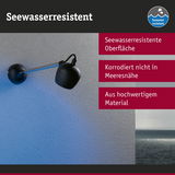Schwarze Außenwandleuchte mit seewasserresistenter Oberfläche, korrosionsfrei für Küstenbereiche.