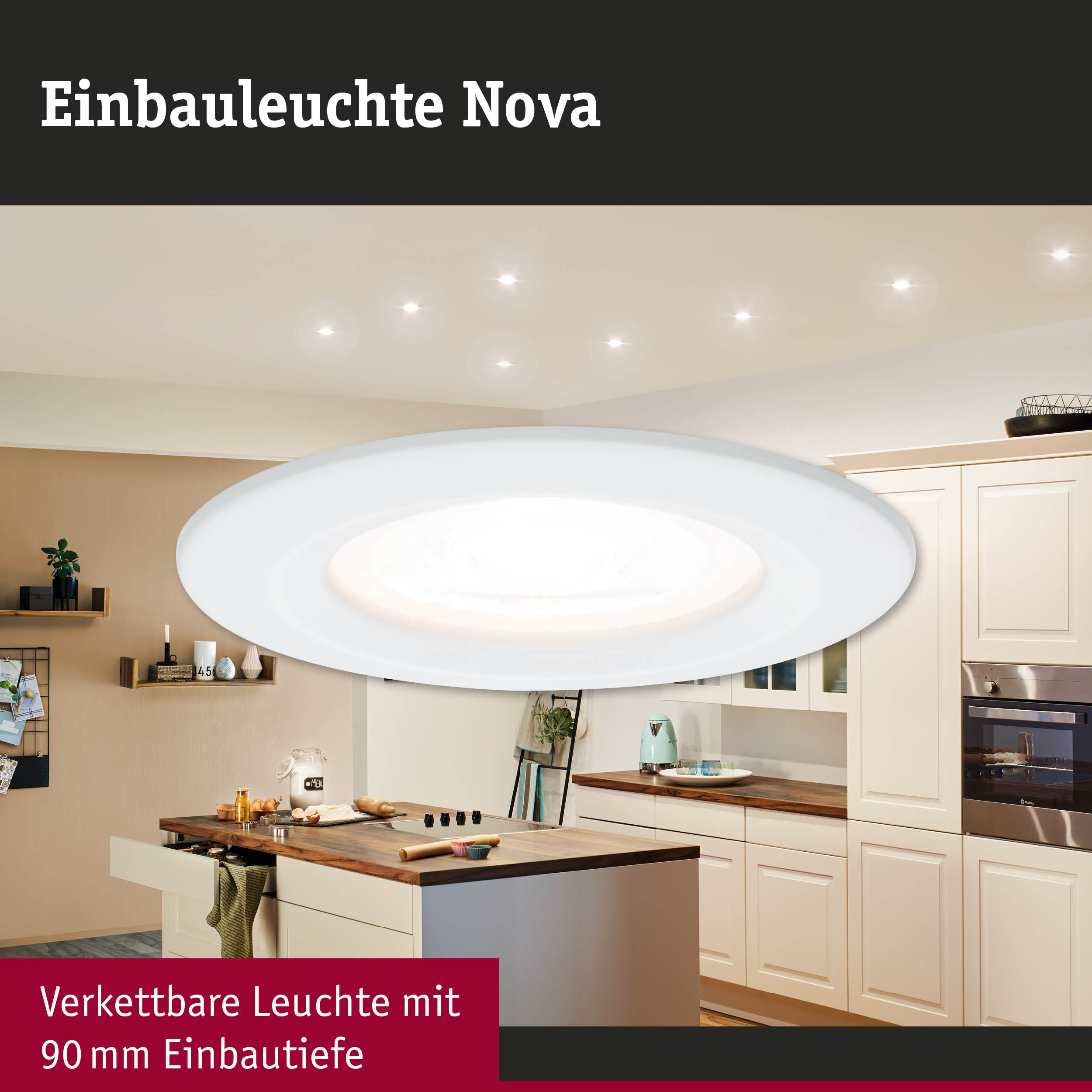 Weiße Einbauleuchte Nova mit 90 mm Einbautiefe in moderner Küche mit Holzarbeitsplatte