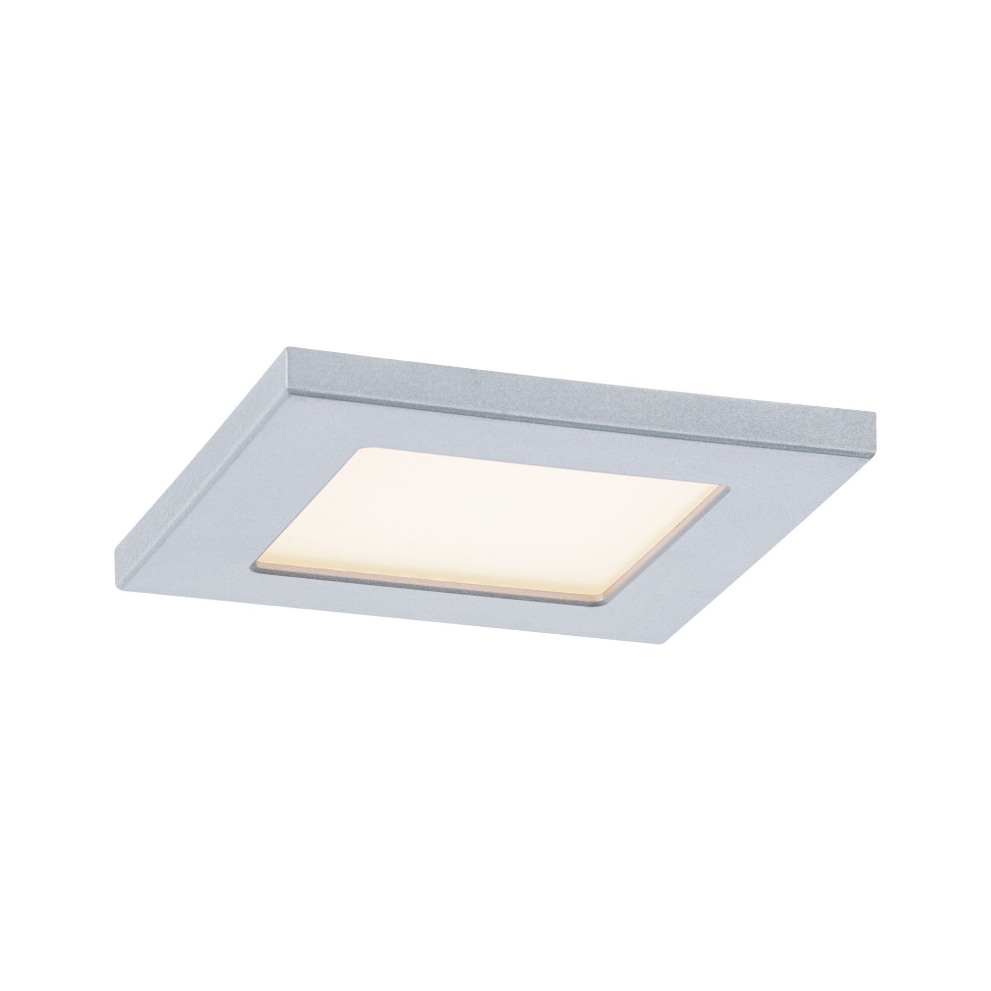 Square LED ceiling light in silver aluminum with warm white light for living spaces