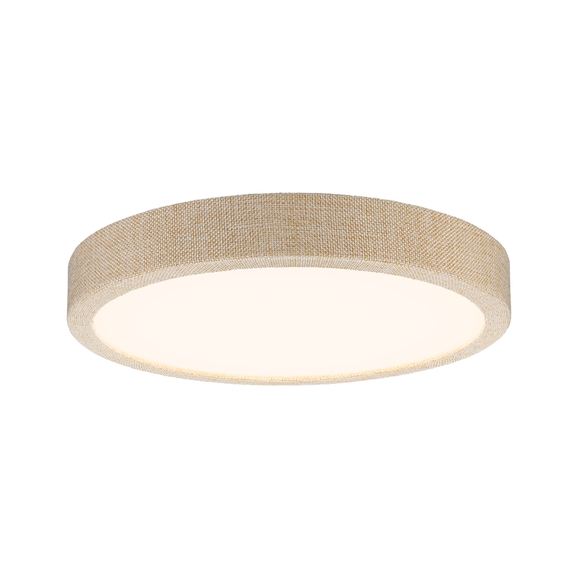 Round ceiling light with beige fabric shade and warm white LED for living spaces