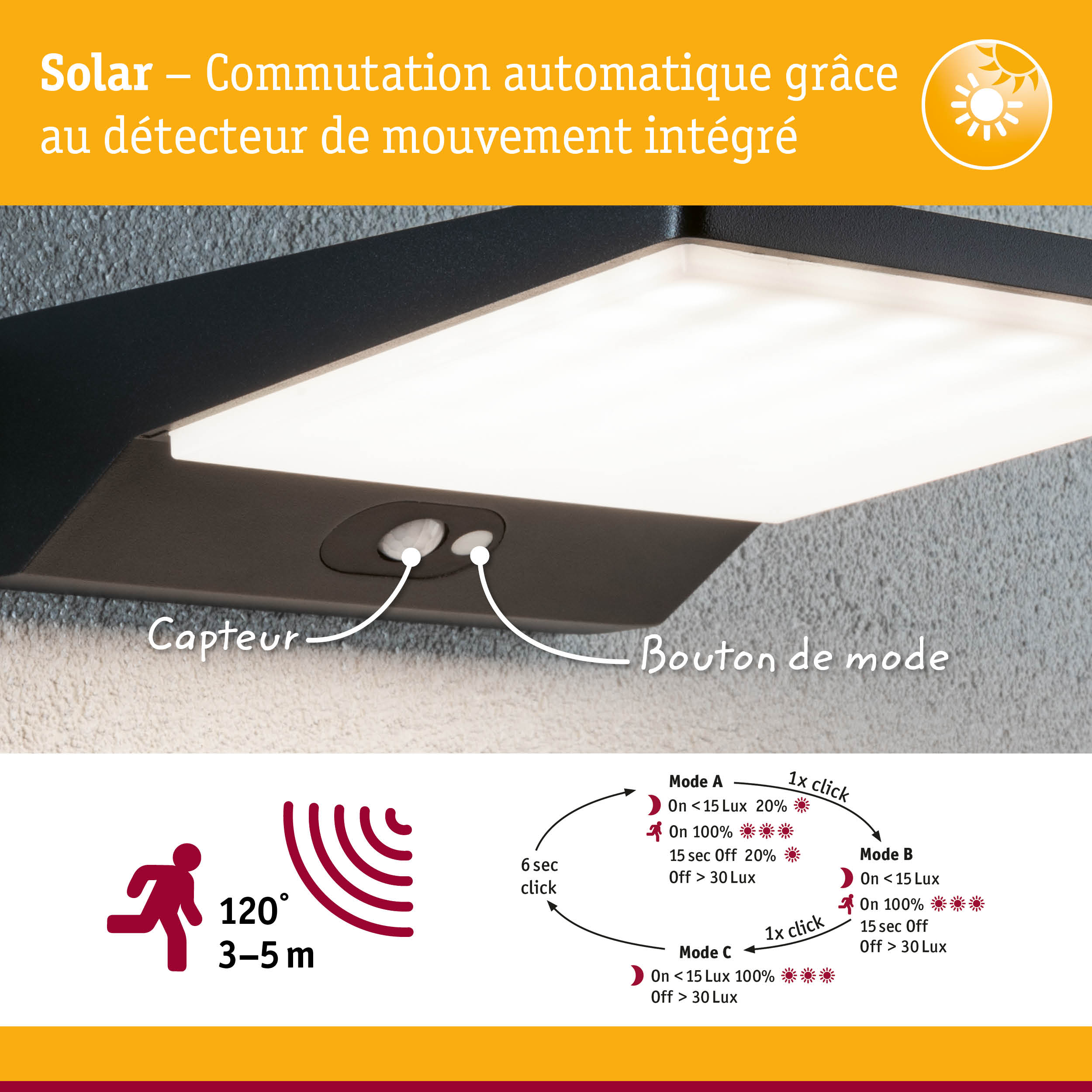 Applique solaire noire avec détecteur de mouvement et bouton mode, angle de détection 120°, portée 3-5 m