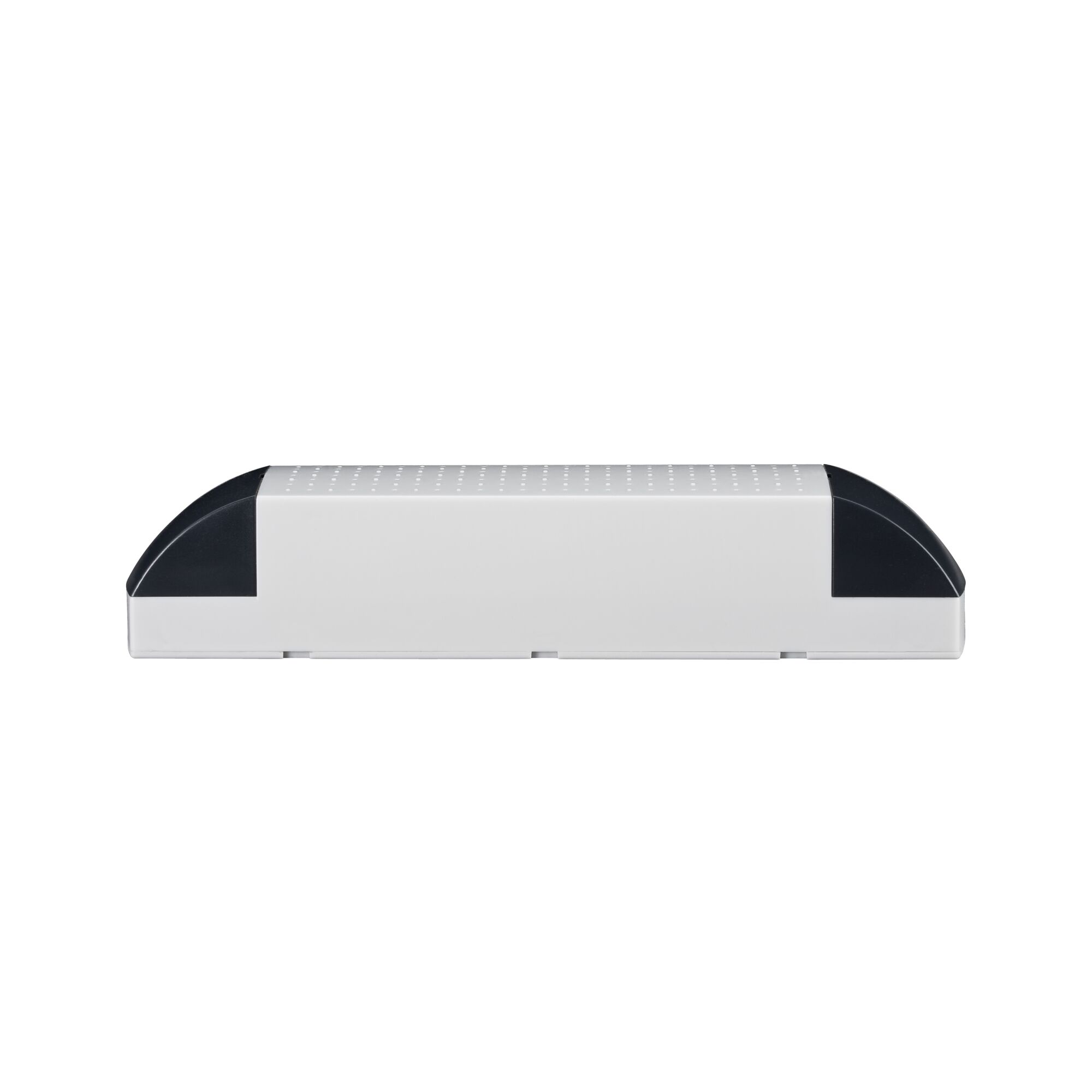 White plastic housing with black end caps, rectangular design for LED lighting fixture