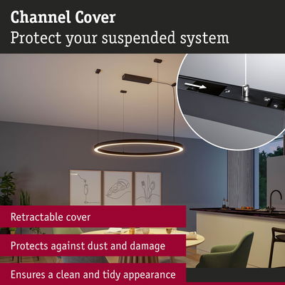 Black channel cover protecting suspended lighting system from dust and damage for tidy appearance