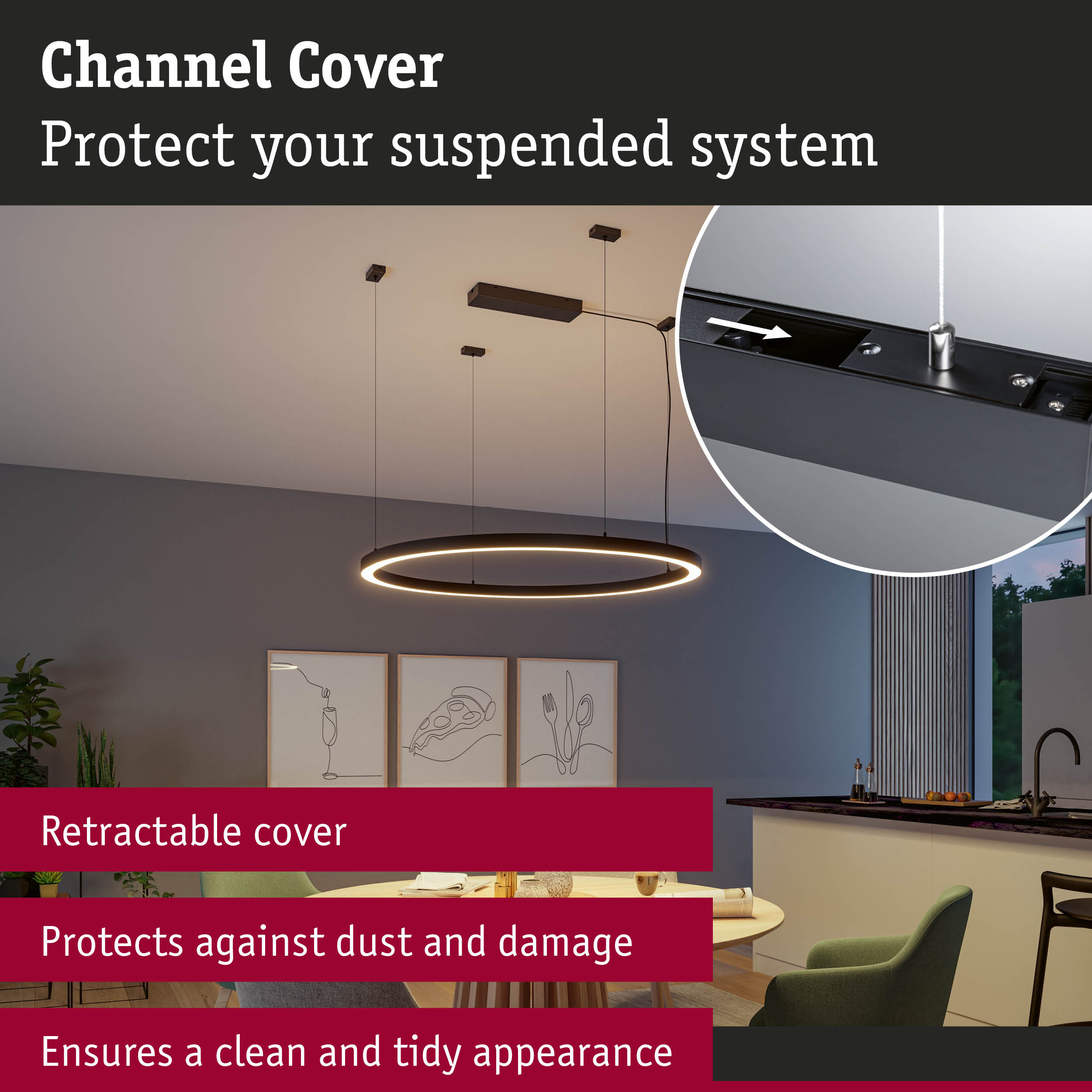 Retractable black channel cover protects suspended lighting system from dust and damage