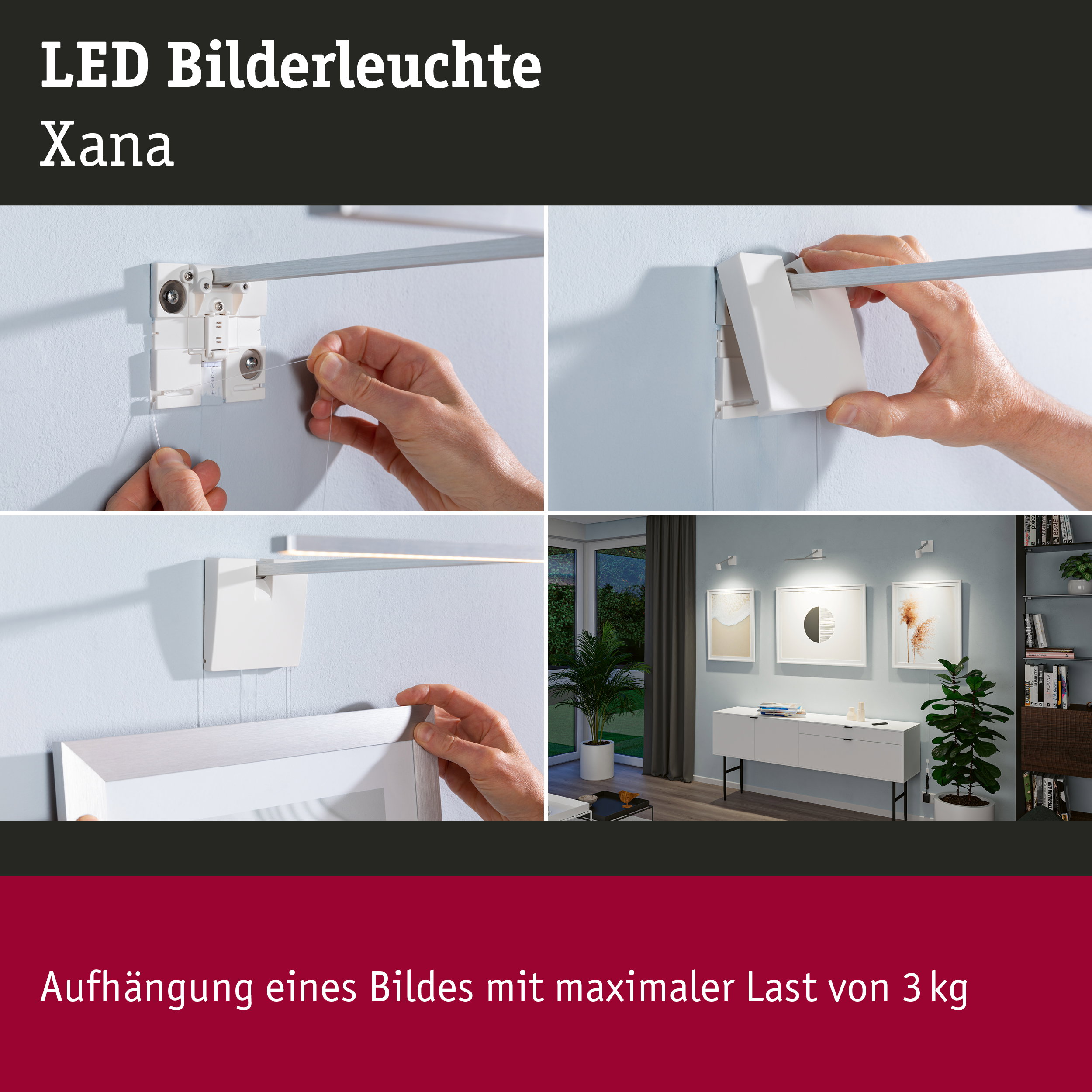 Weiße LED Bilderleuchte Xana aus Metall mit Montage und Bildaufhängung bis 3 kg im Wohnzimmer