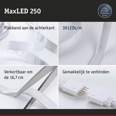 MaxLED 250 LED-strip met plakband, 30 LEDs/m, knipbaar en eenvoudig te verbinden voor flexibele verlichting