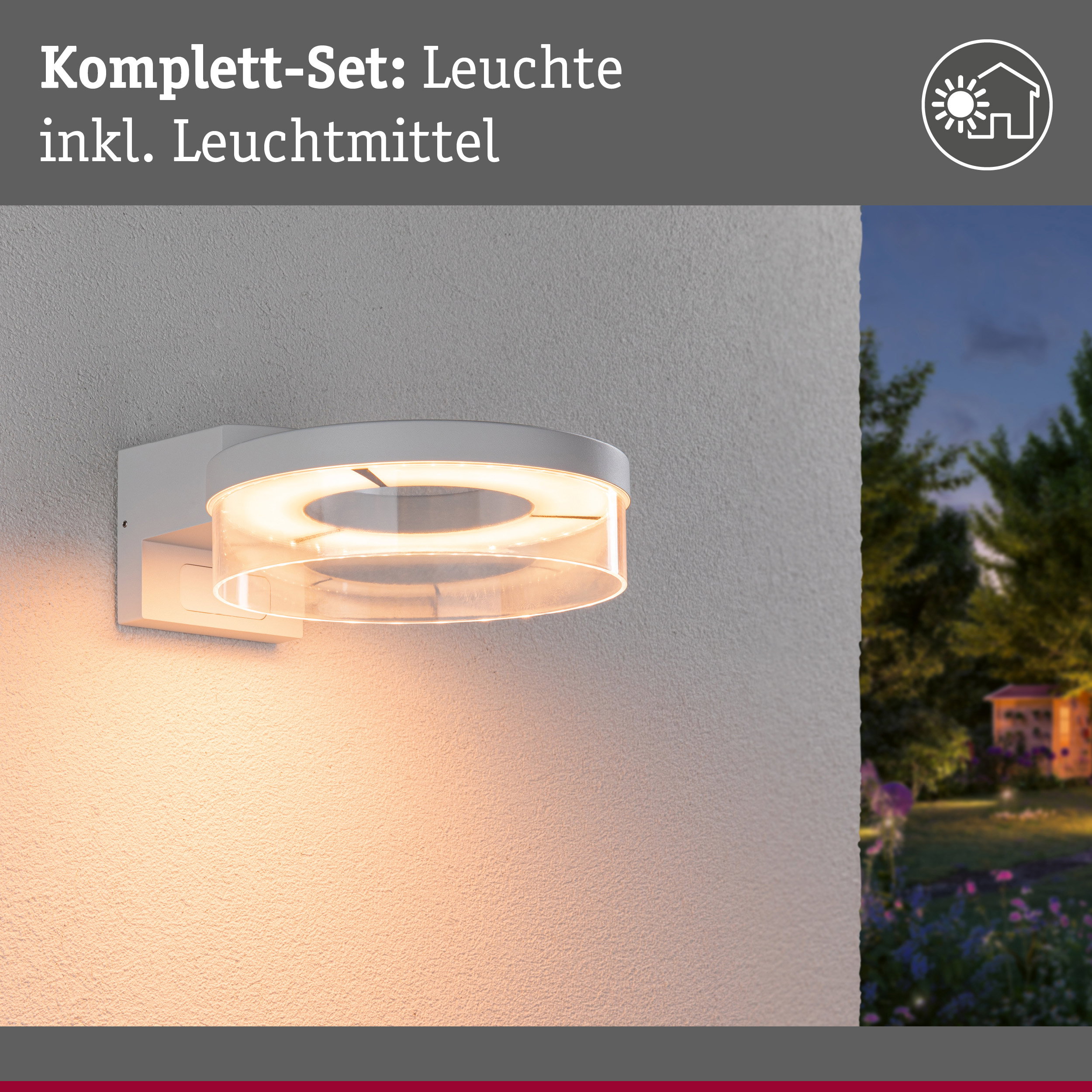 Weißes Außenwandleuchte-Set mit integriertem Leuchtmittel für Gartenbeleuchtung bei Nacht