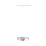 Moderne weiße LED-Hängeleuchte mit RGB-Farbwechsel und rundem Lampenschirm aus Metall
