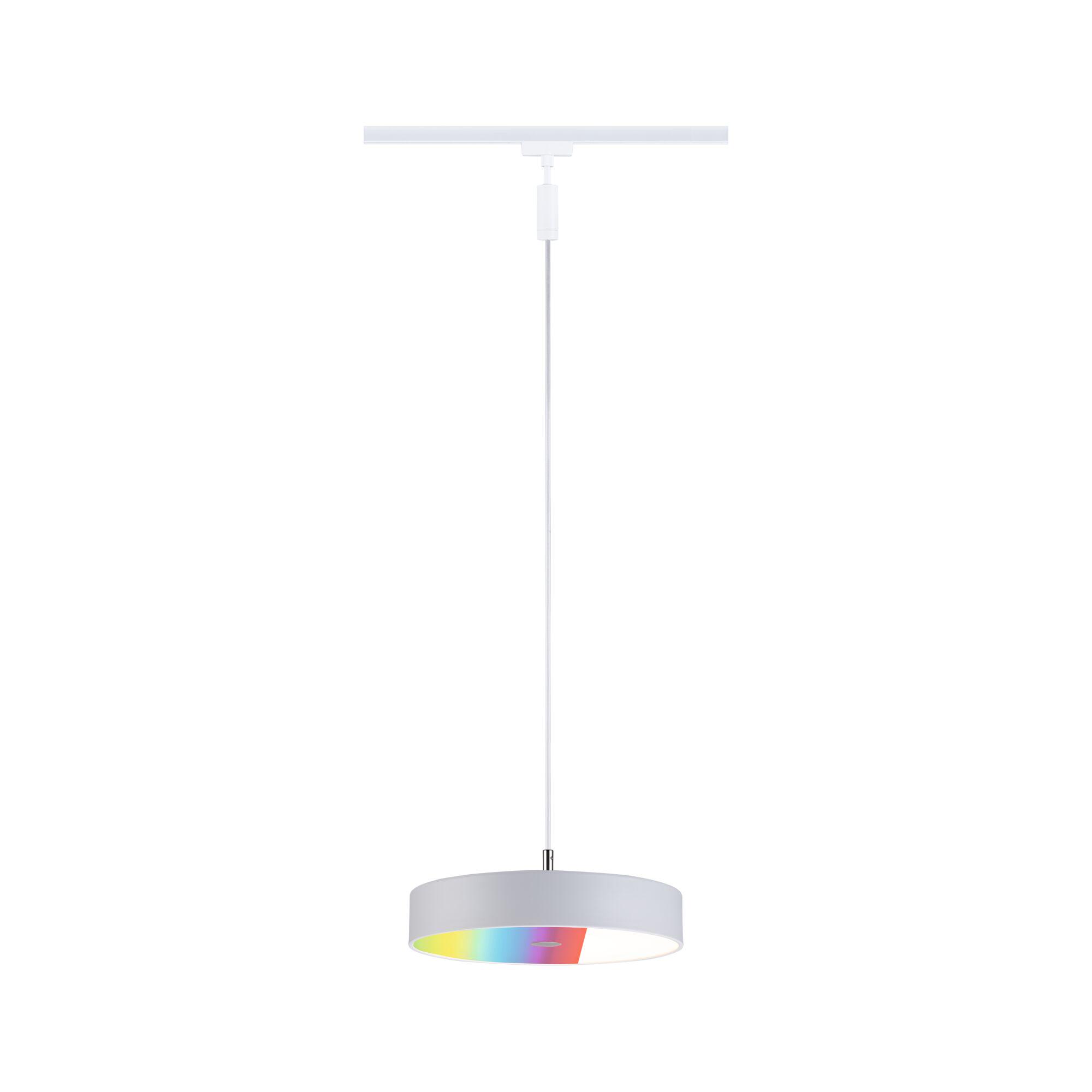 Moderne weiße LED-Hängeleuchte mit RGB-Farbwechsel und rundem Lampenschirm aus Metall