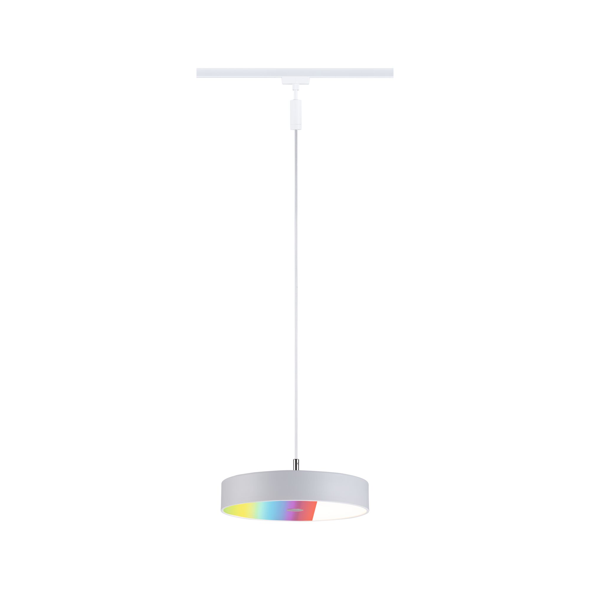 Modern white LED pendant light with RGB color change and round metal lampshade for living room