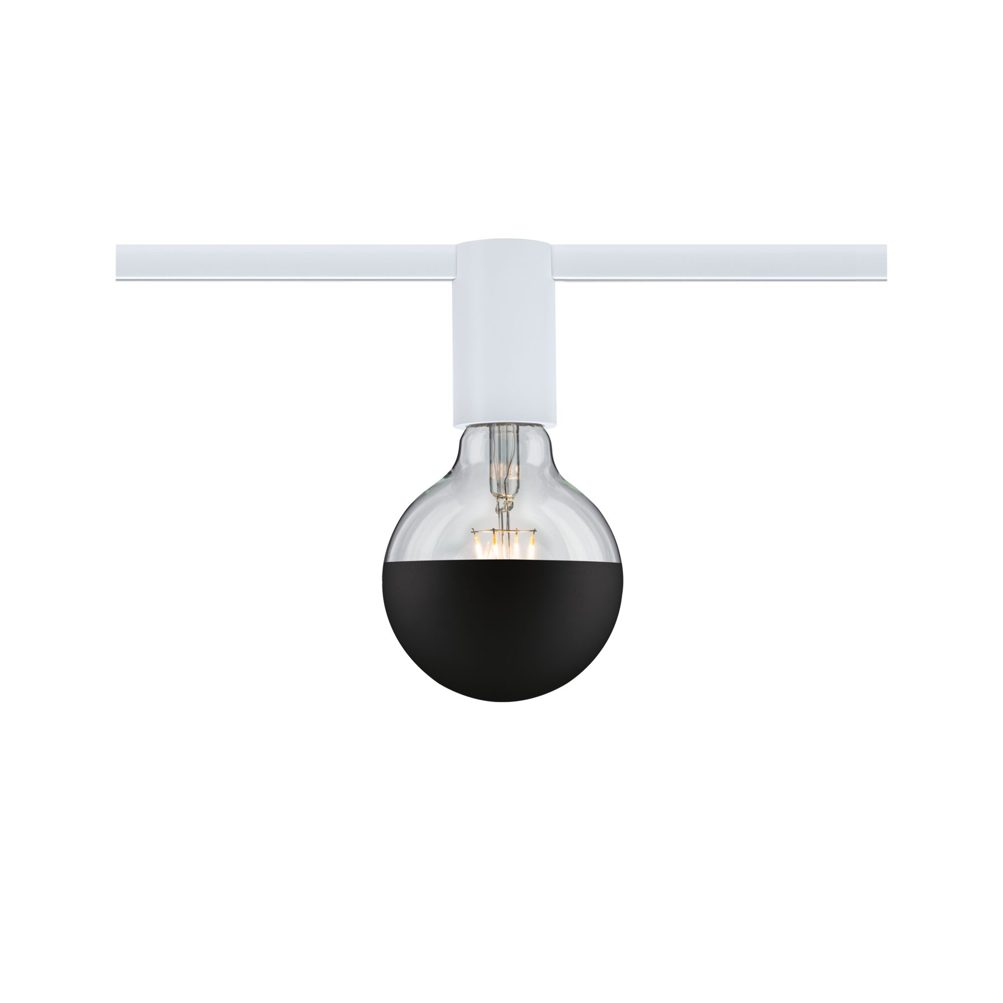 Moderne LED-Glühbirne mit halb schwarzem Glas und weißem Sockel an weißer Schiene für Innenbeleuchtung