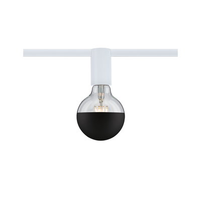 Moderne LED-Glühbirne mit halb schwarzem Glas und weißem Sockel an weißer Schiene für Innenbeleuchtung