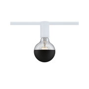 Moderne LED-Glühbirne mit halb schwarzem Glas und weißem Sockel an weißer Schiene für Innenbeleuchtung