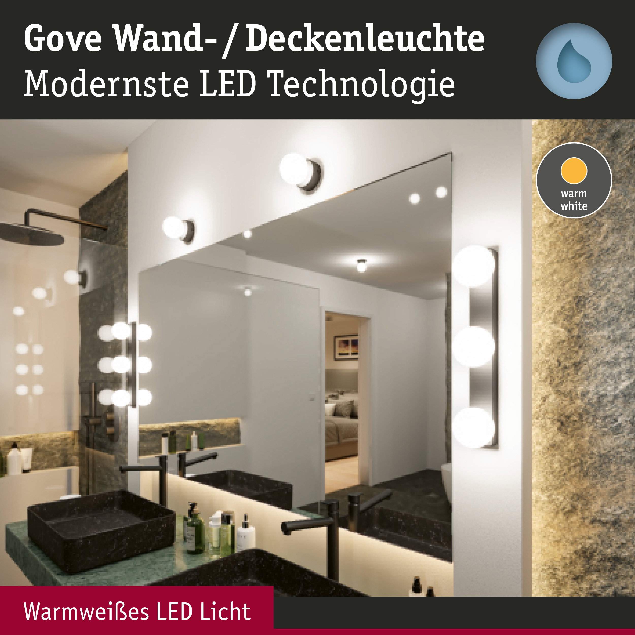 Gove Wand- und Deckenleuchte mit warmweißem LED-Licht in modernem Badezimmer mit Spiegel