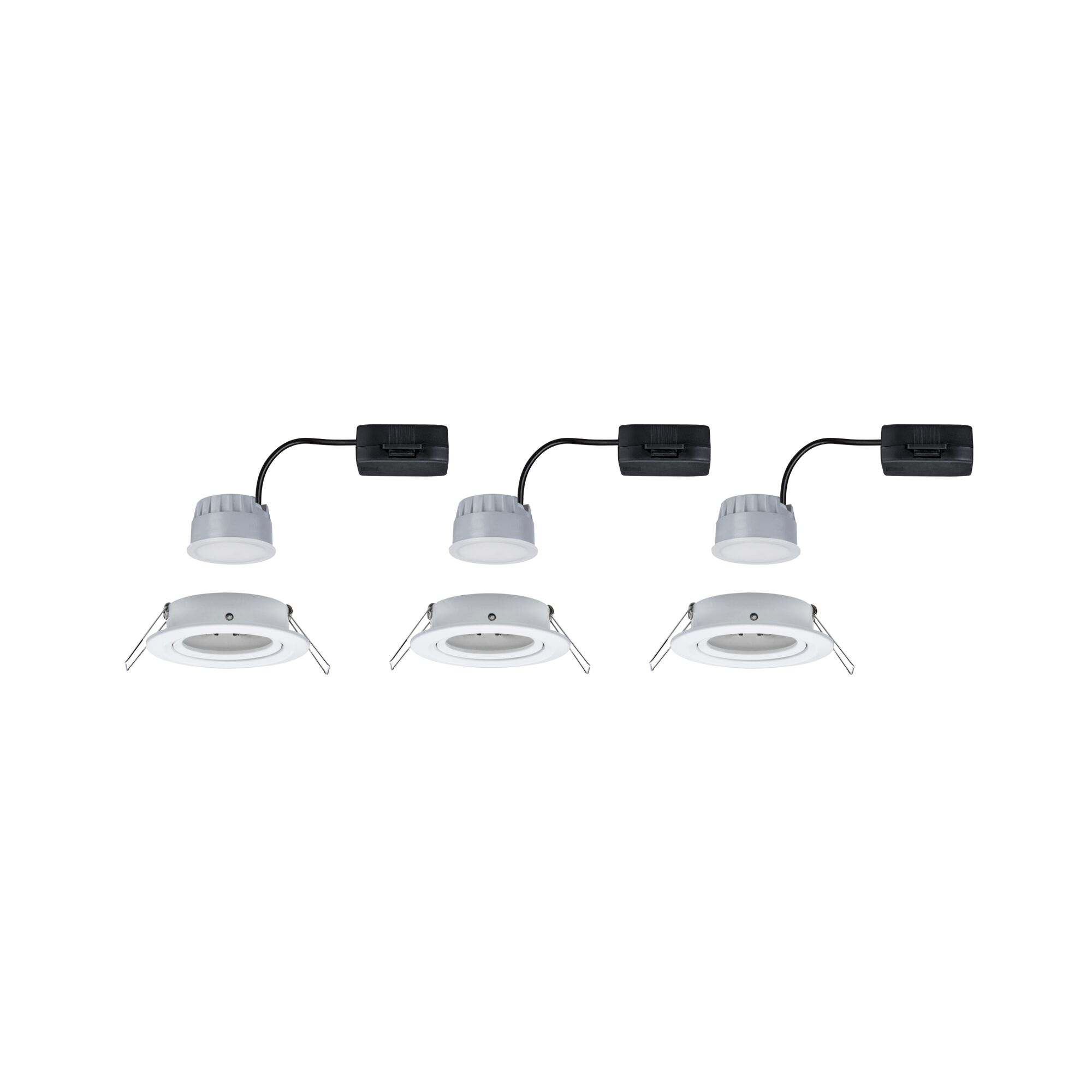 Trois spots encastrés LED blancs avec câbles noirs et clips de fixation pour montage au plafond.
