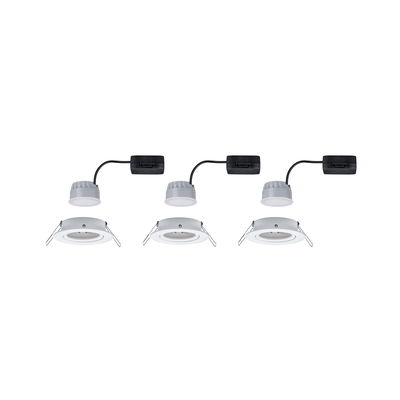 Trois spots encastrés LED blancs avec câbles noirs et clips de fixation pour montage au plafond.