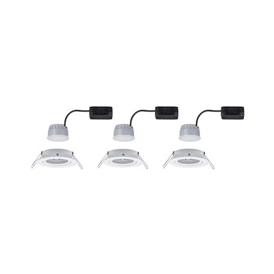 Trois spots encastrés LED blancs avec câbles noirs et clips de fixation pour montage au plafond.