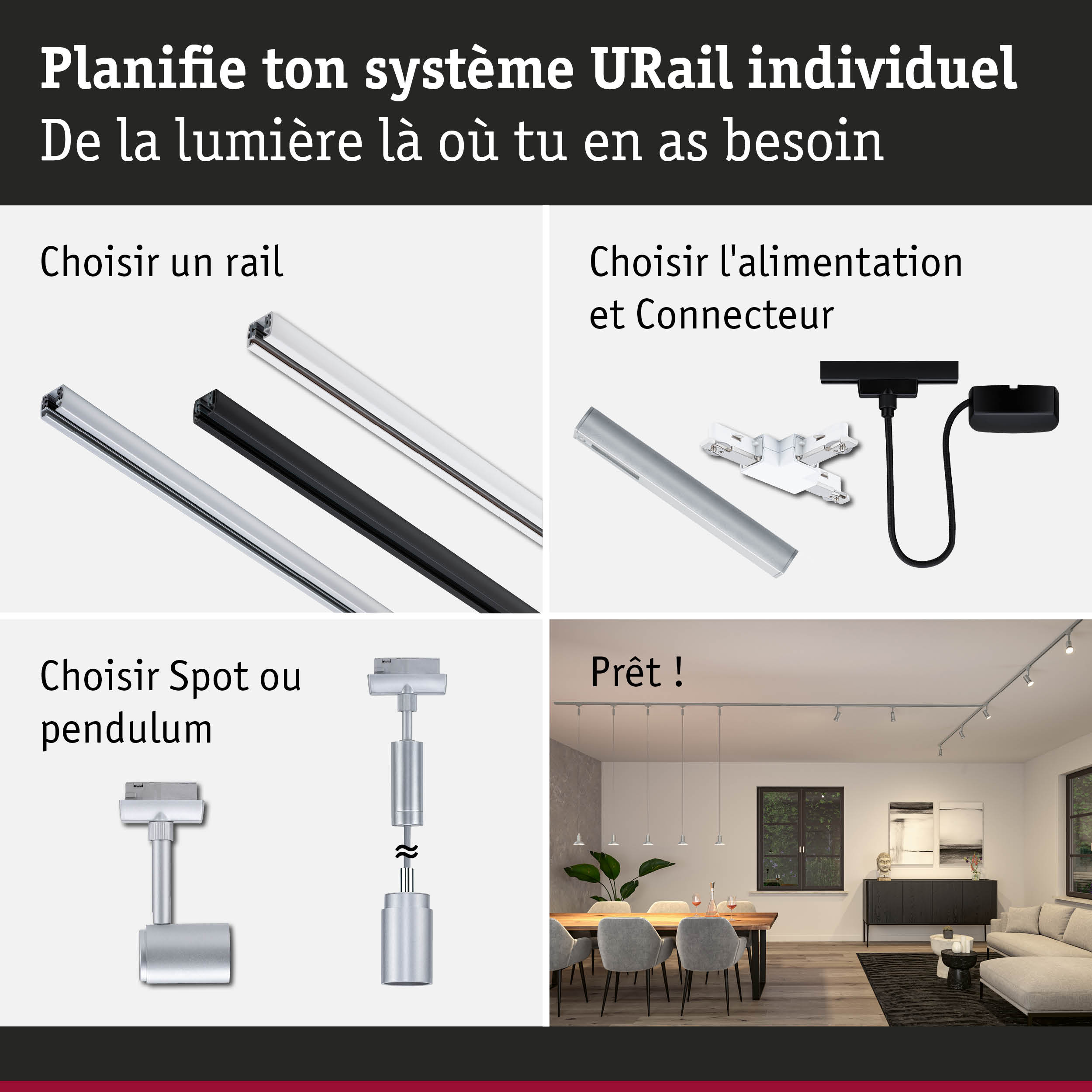 Système de rail URail modulaire noir et blanc avec spots et suspensions pour éclairage flexible