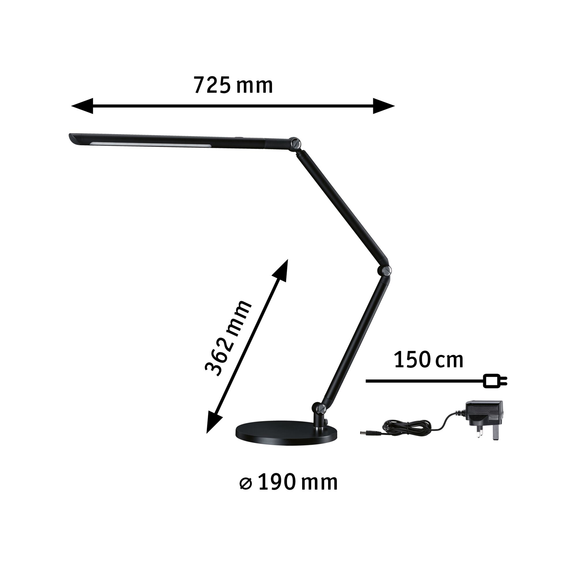 Black LED desk lamp with adjustable arm and 150 cm cable for office lighting.