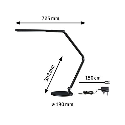 Black LED desk lamp with adjustable arm and 150 cm cable for office lighting.