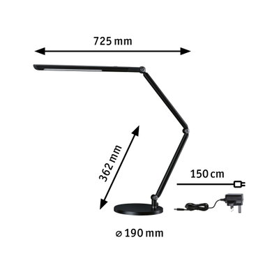 Black LED desk lamp with adjustable arm and 150 cm cable for office lighting.