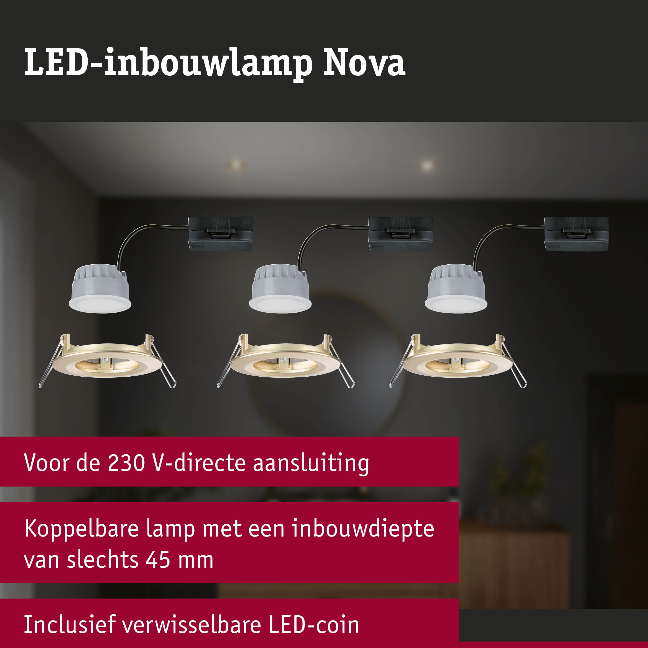 Witte LED-inbouwlamp Nova met gouden inzetstuk en 230V aansluiting voor moderne verlichting