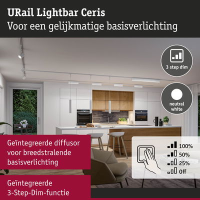 Moderne keuken met URail Lightbar Ceris in neutraal wit met geïntegreerde 3-staps dimfunctie voor basisverlichting