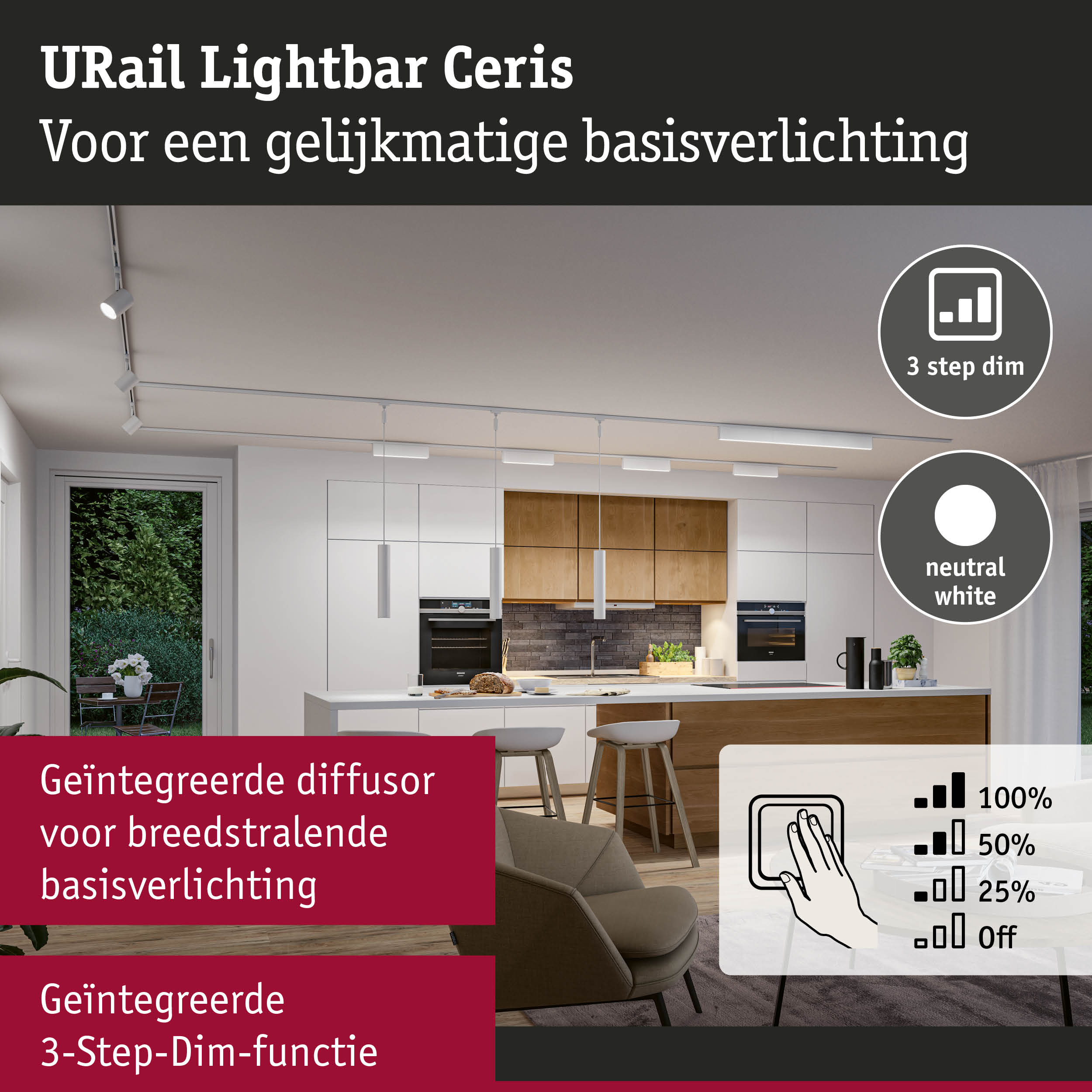 Moderne witte URail Lightbar Ceris plafondlamp met 3-staps dimfunctie voor gelijkmatige basisverlichting
