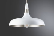 Modern white metal pendant lamp with gold accent and visible bulb for stylish interior lighting