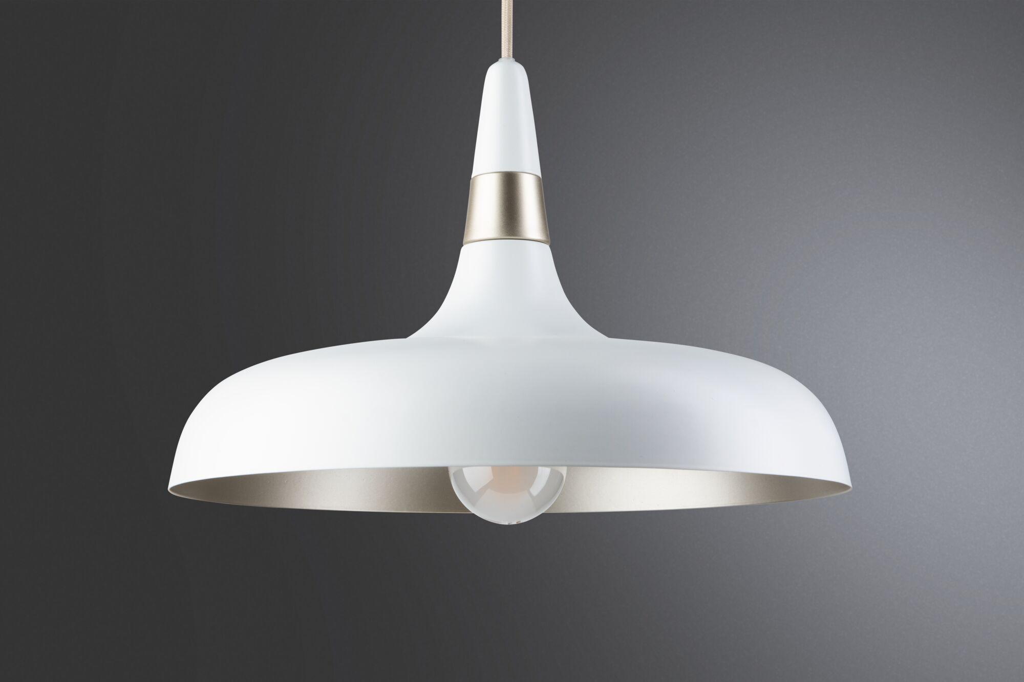 Modern white metal pendant lamp with gold accent and visible bulb for stylish interior lighting