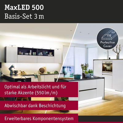 MaxLED 500 LED-Lichtleiste 3 m in Weiß mit Schutzabdeckung, ideal für Küchenarbeitslicht und Akzente