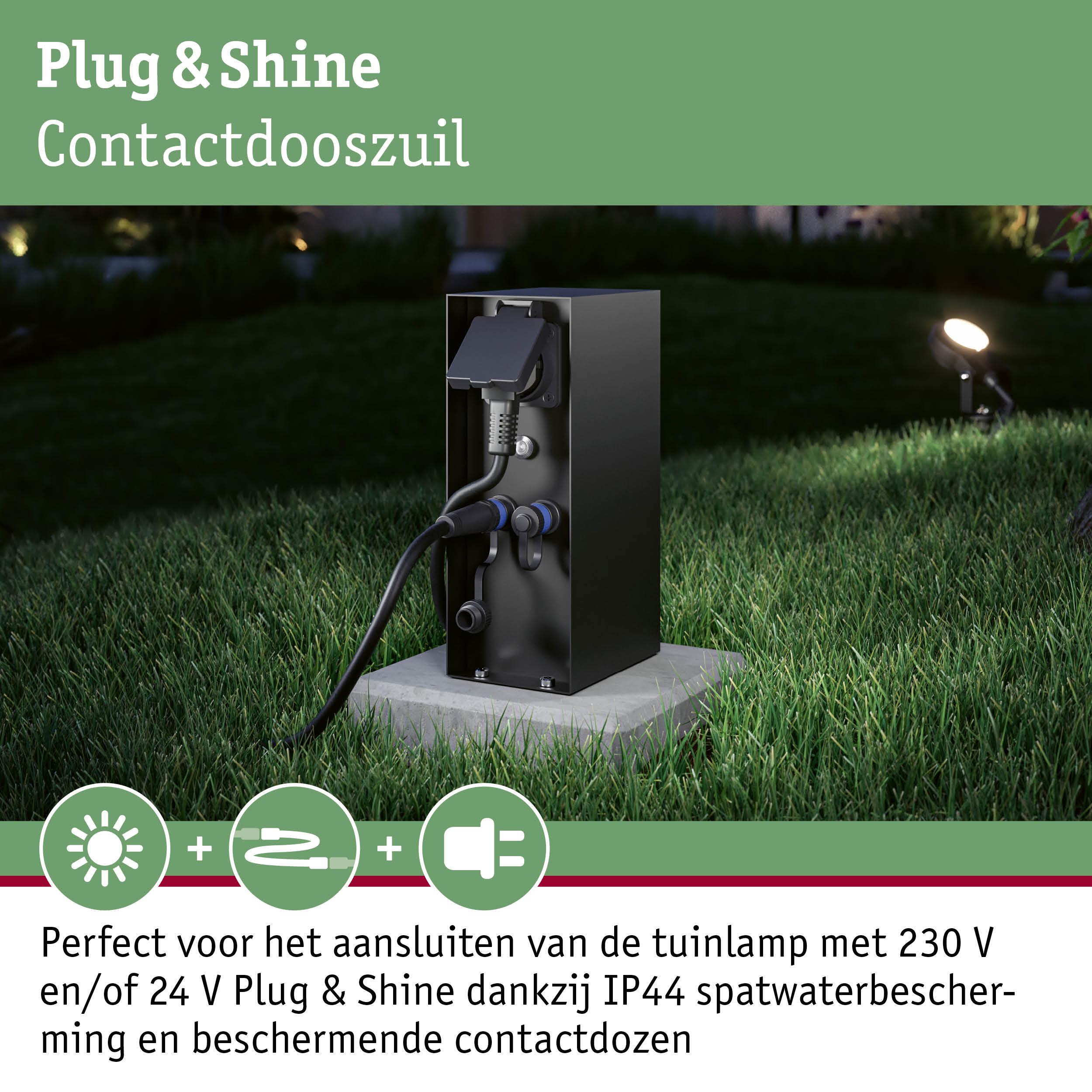 Zwarte Plug & Shine contactdooszuil met IP44 spatwaterbescherming voor tuinverlichting aansluiting