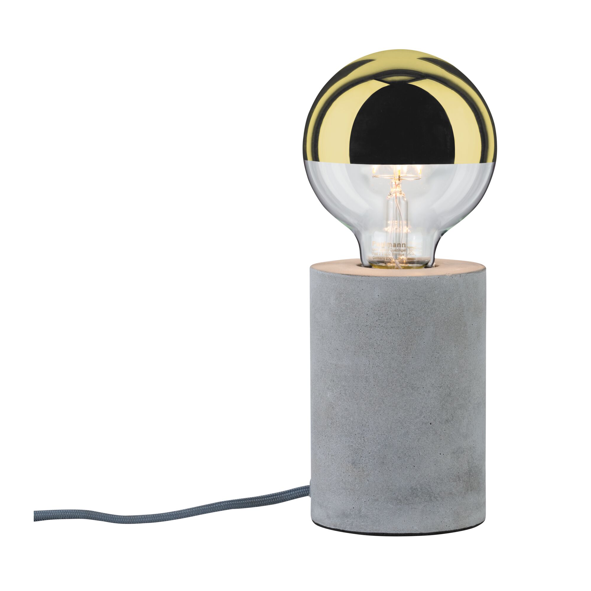 Lampe de table moderne avec base en béton gris et ampoule dorée pour un éclairage élégant