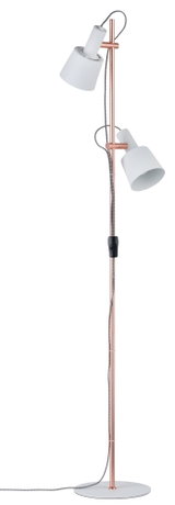 Stehende Doppelstrahler-Lampe mit weißem Metall-Schirm und kupferfarbenem Gestell für Wohnräume