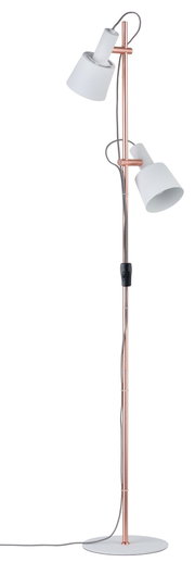 Staande koperen lamp met twee witte metalen kappen en stoffen kabel voor moderne verlichting