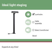 Black LED outdoor luminaire with integrated cable and plug for garden lighting