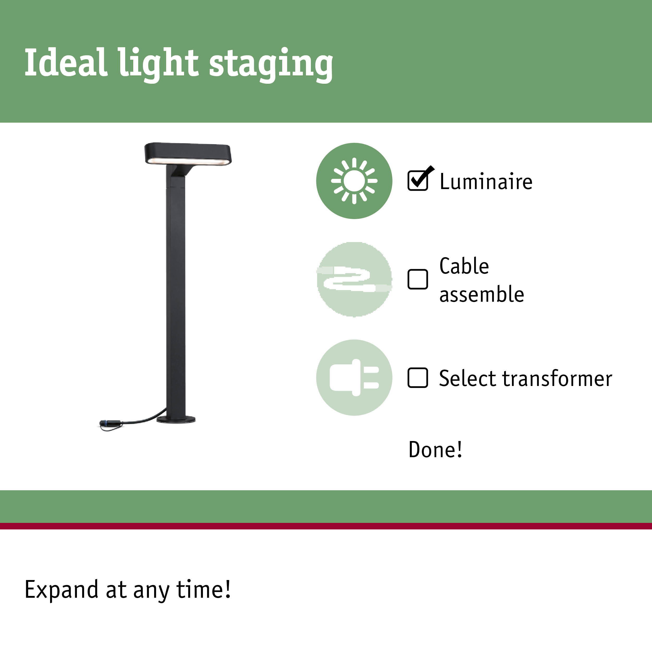 Black LED outdoor luminaire with integrated cable and plug for garden lighting