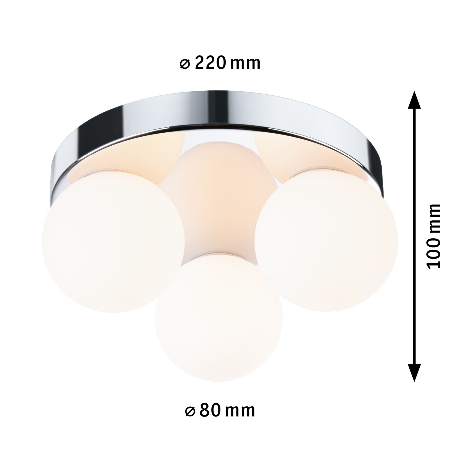 Ceiling light with three white glass globes and chrome metal ring, 220 mm diameter dimensions.