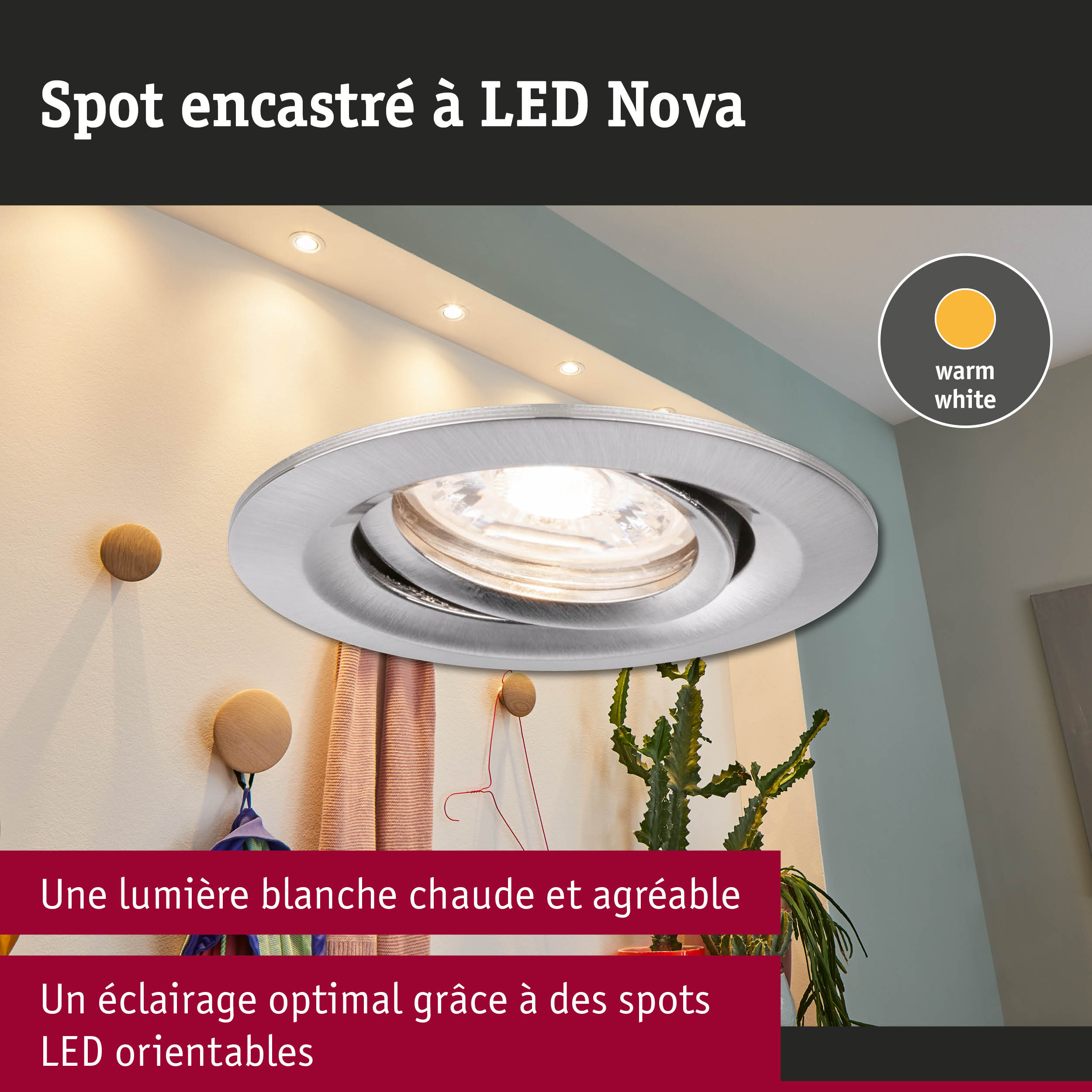 Spot encastré LED Nova en métal argenté avec lumière blanc chaud pour un éclairage intérieur optimal