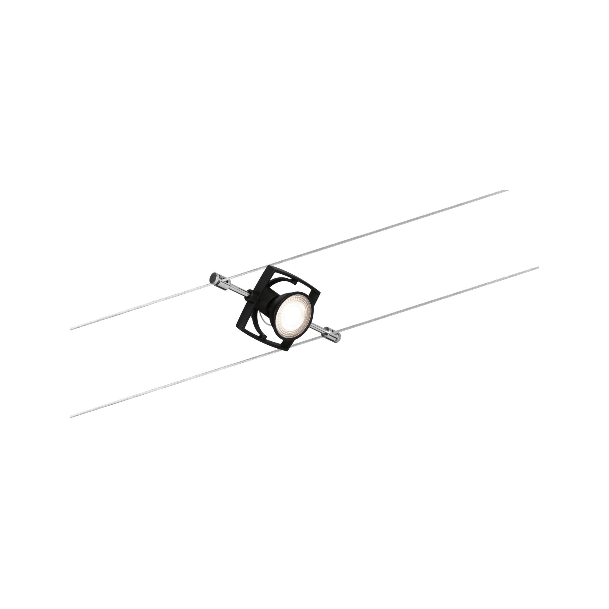 Black LED cable spotlight with adjustable lamp on silver wires for modern lighting solutions