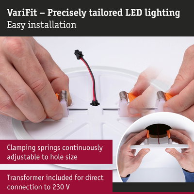 White LED recessed light with adjustable springs for easy installation and direct 230V connection