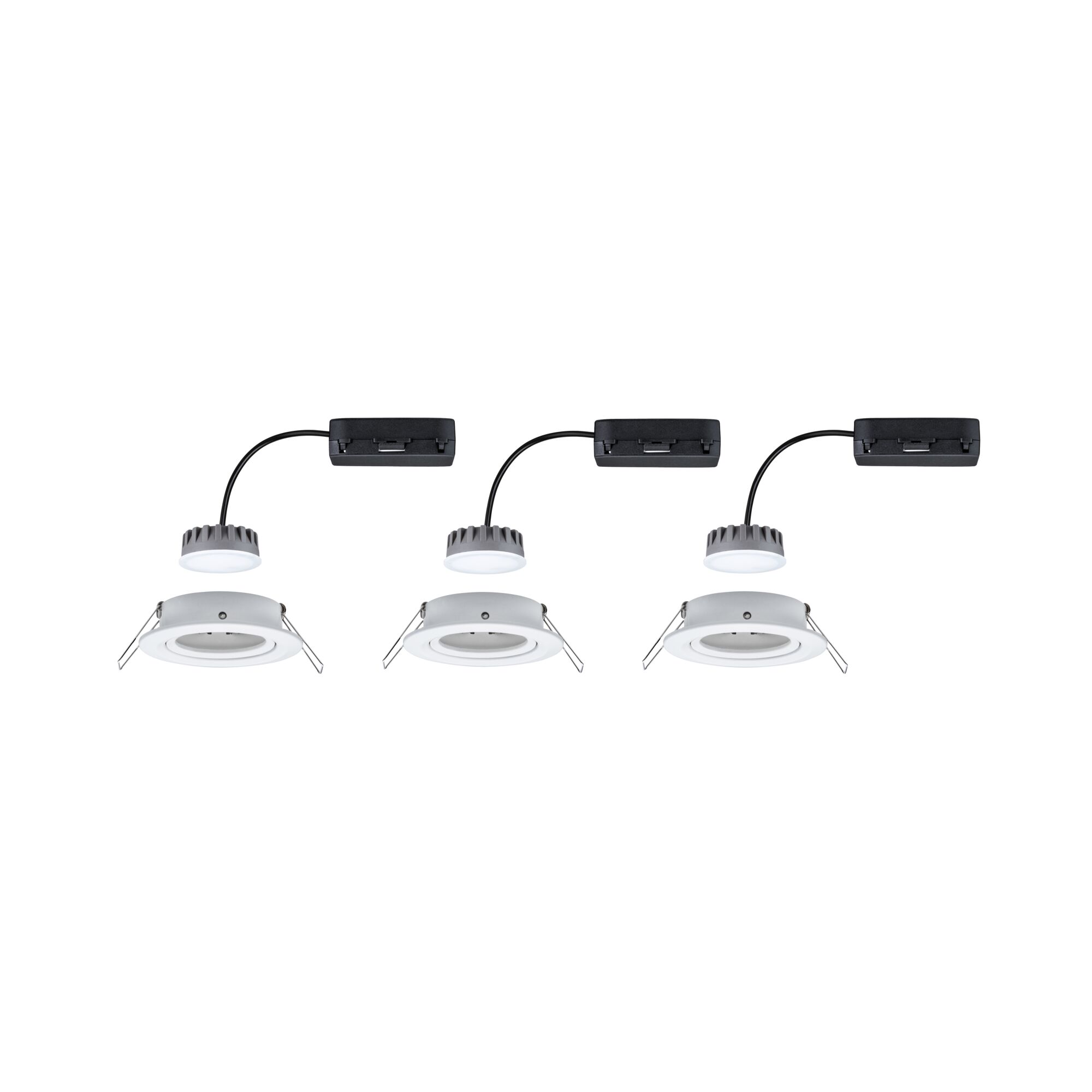 Three white LED recessed spotlights with black connection cables and mounting clips for ceiling installation
